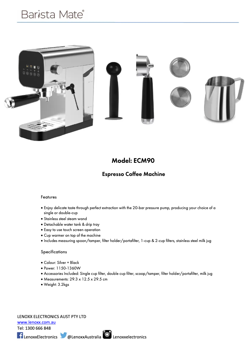 Page 1 de la notice Fiche technique Barista Mate ECM90