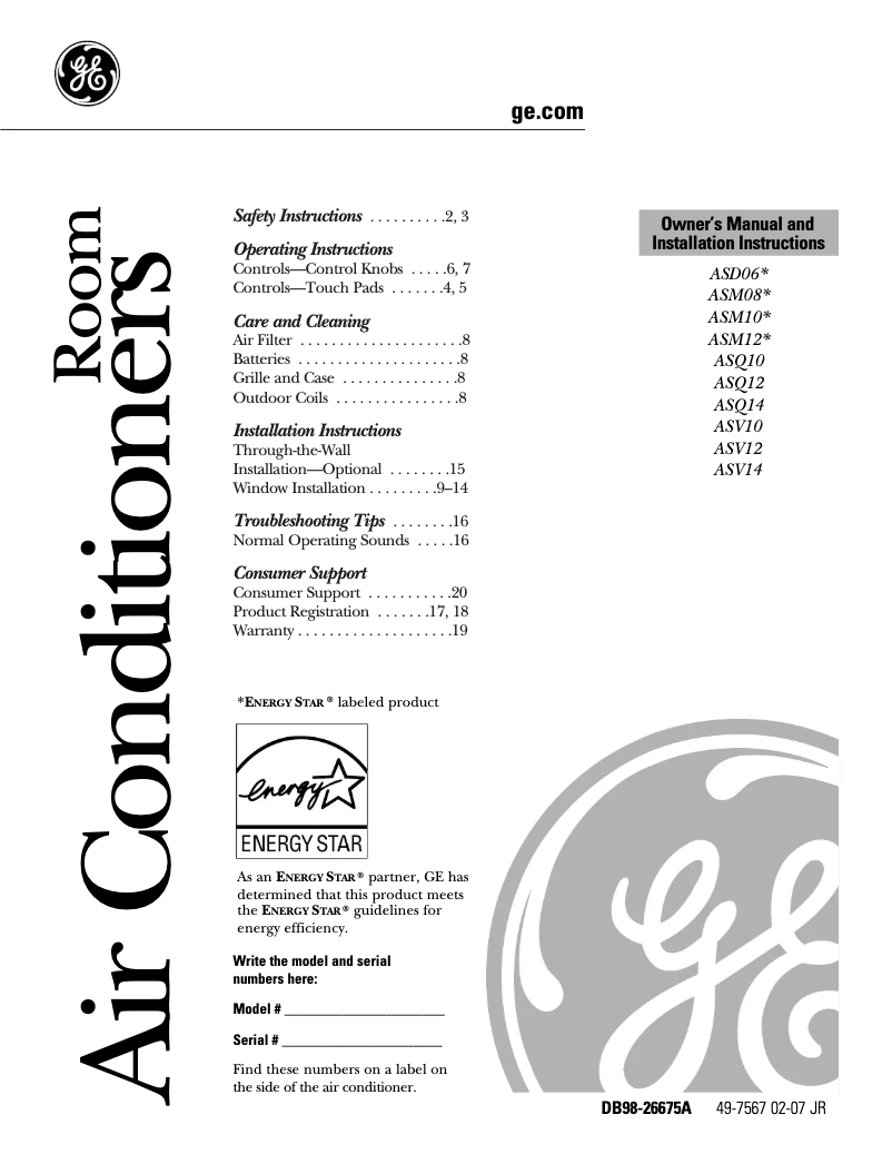 Page n°1 - Guide d'installation GE ASD06LK