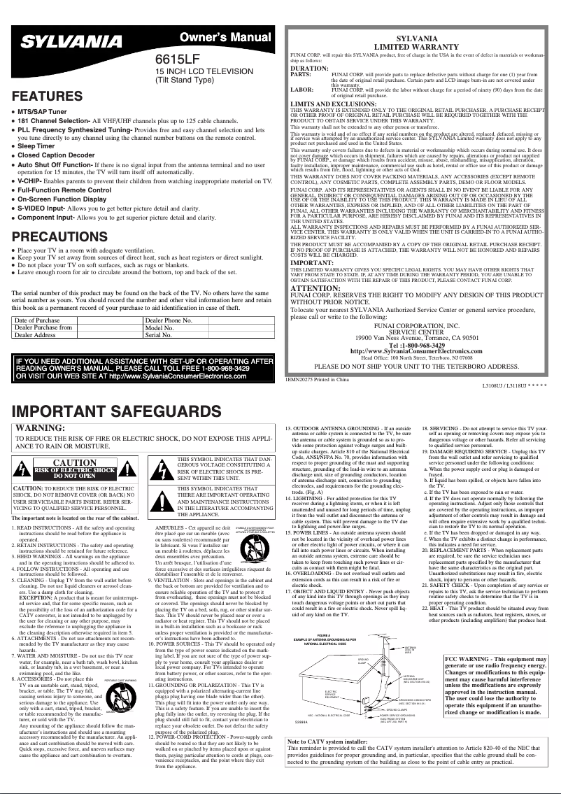 Page n°1 - Manuel utilisateur Sylvania 6615LF