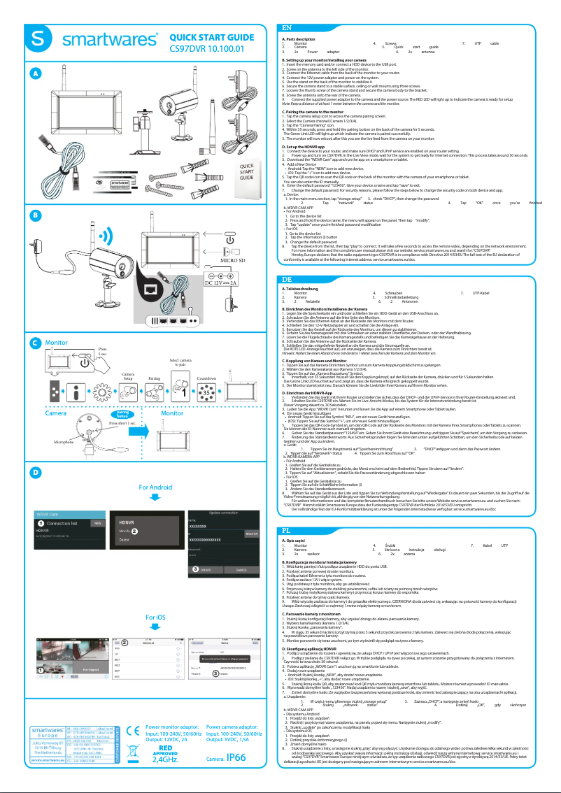 Page n°1 - Guide de démarrage rapide Smartwares CS97DVR