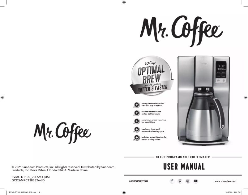 Page n°1 - Manuel utilisateur Mr. Coffee 10 Cup