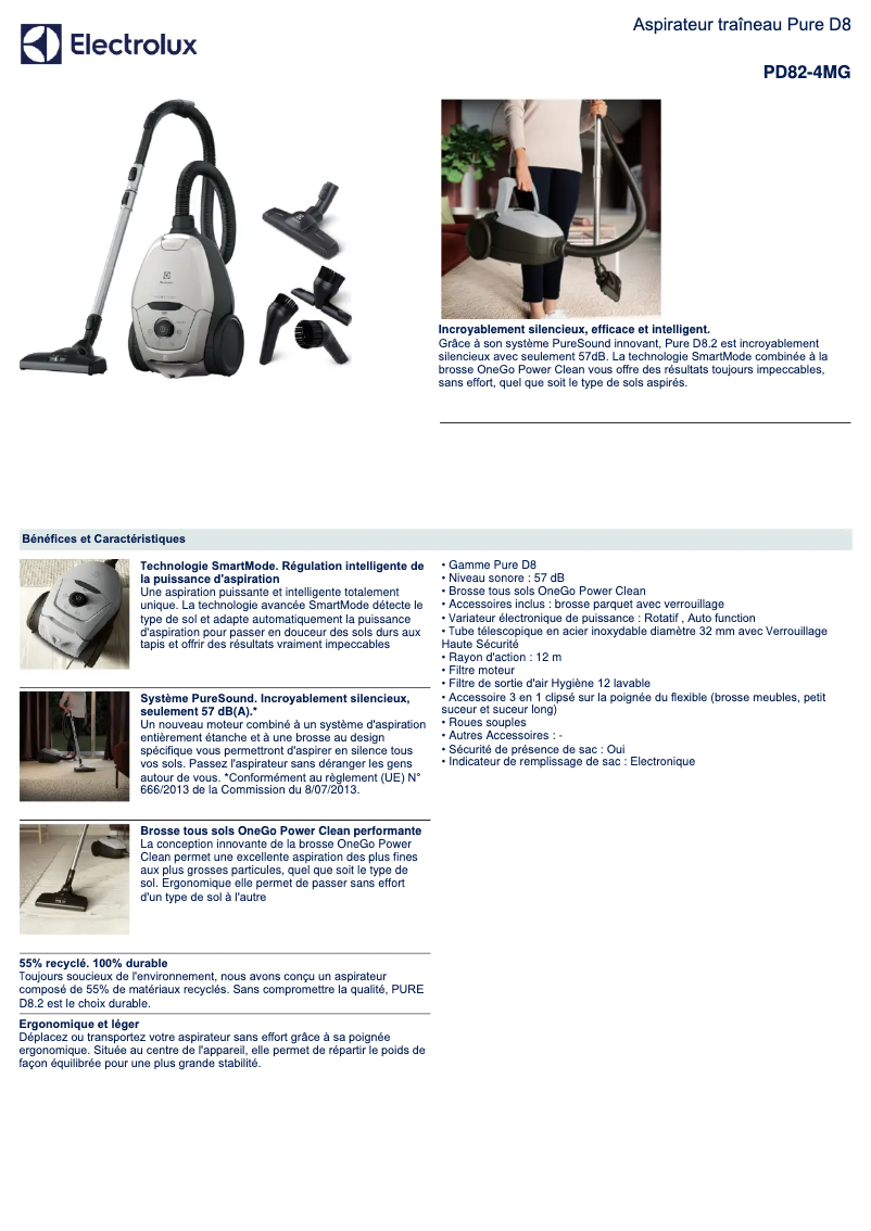 Page 1 de la notice Fiche technique Electrolux Pure D8 PD82-4MG