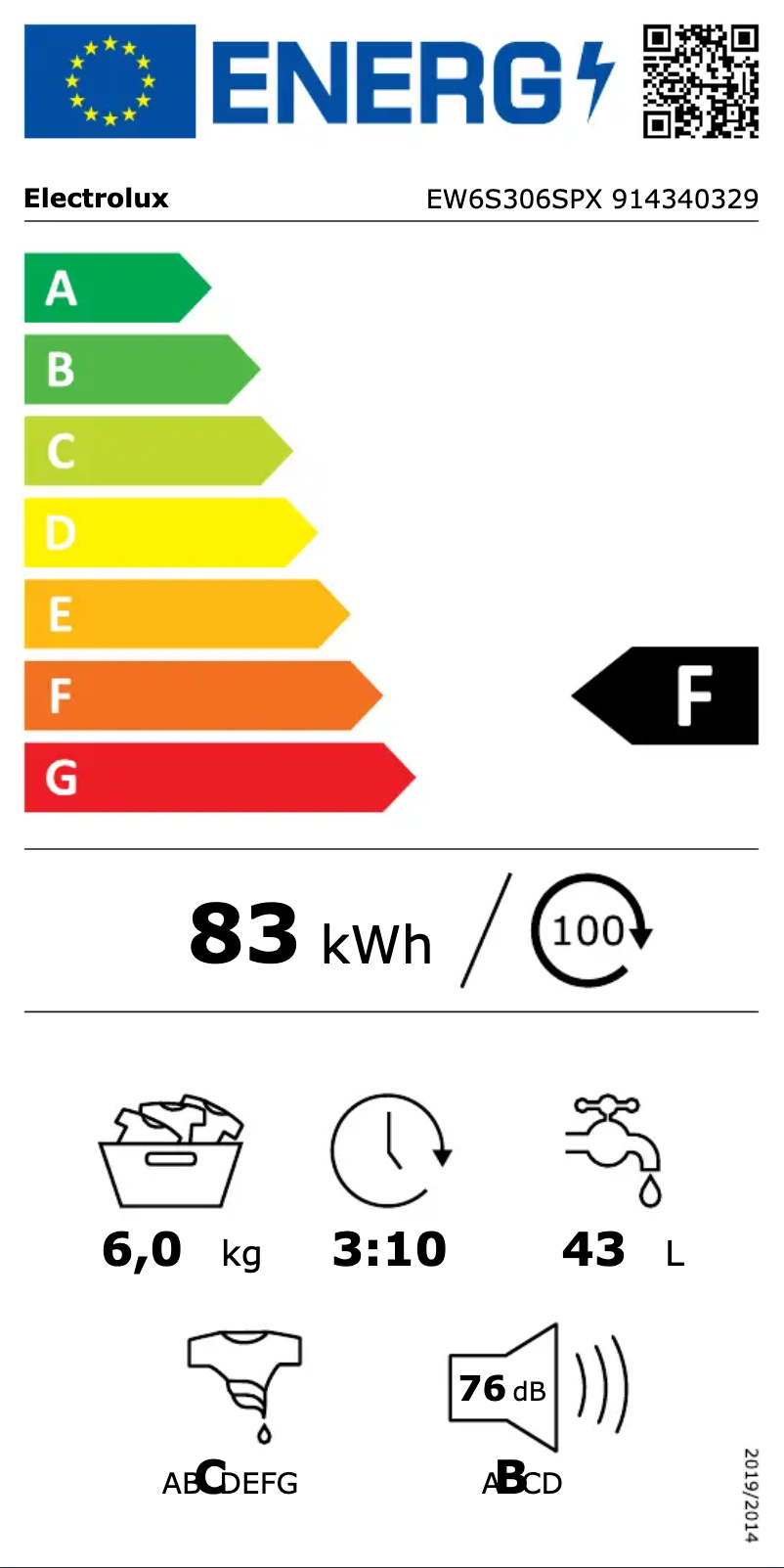 Page 1 de la notice Label énergétique Electrolux EW6S306SPX