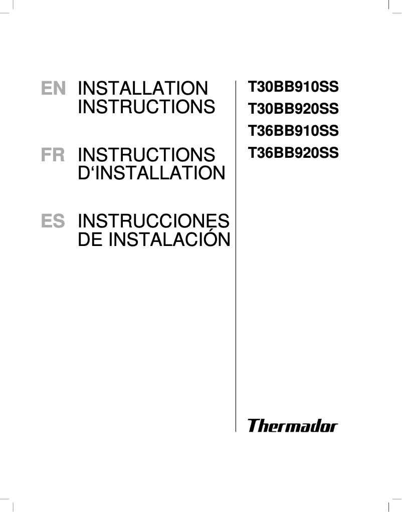 Page 1 de la notice Guide d'installation Thermador T30BB910SS