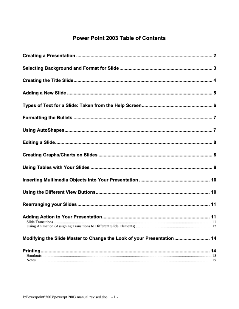 Imagen de la primera página del manual del dispositivo Powerpoint 2003