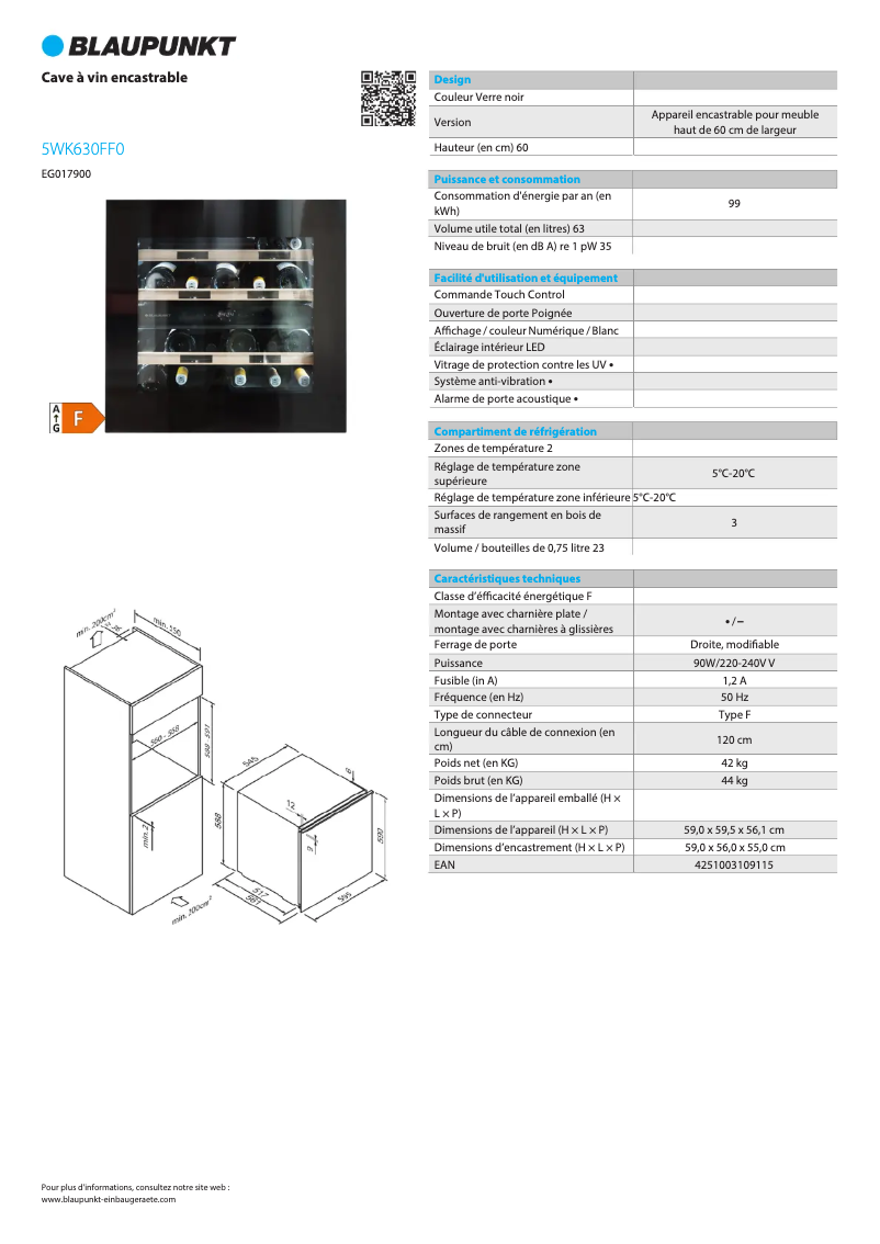 Page 1 de la notice Fiche technique Blaupunkt 5WK630FF0