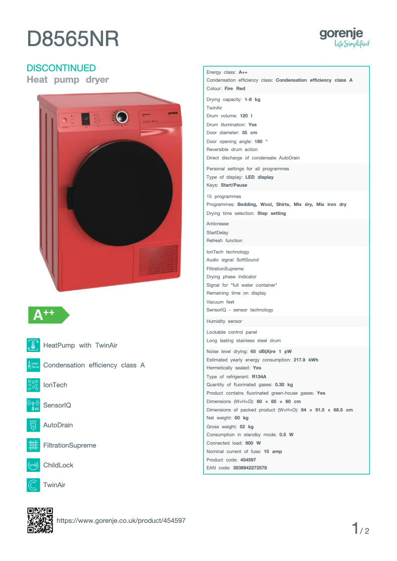 Page 1 de la notice Fiche technique Gorenje D8565NR