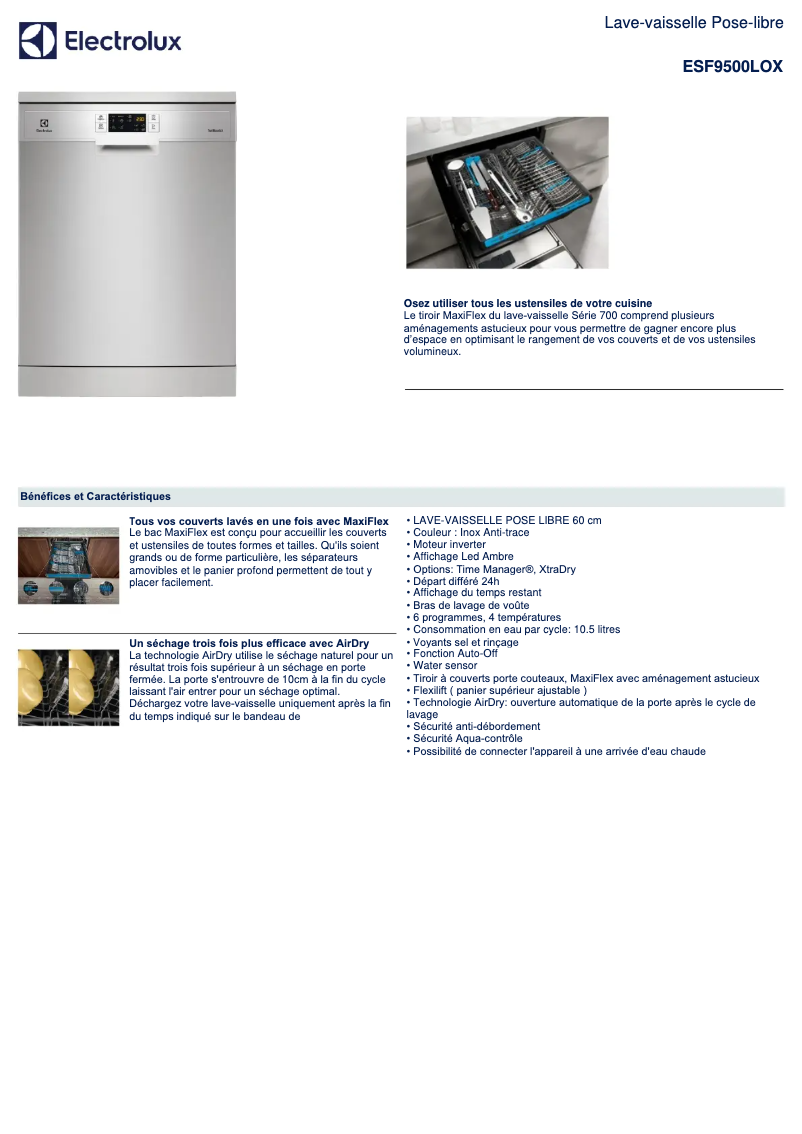 Page 1 de la notice Fiche technique Electrolux ESF9500LOX