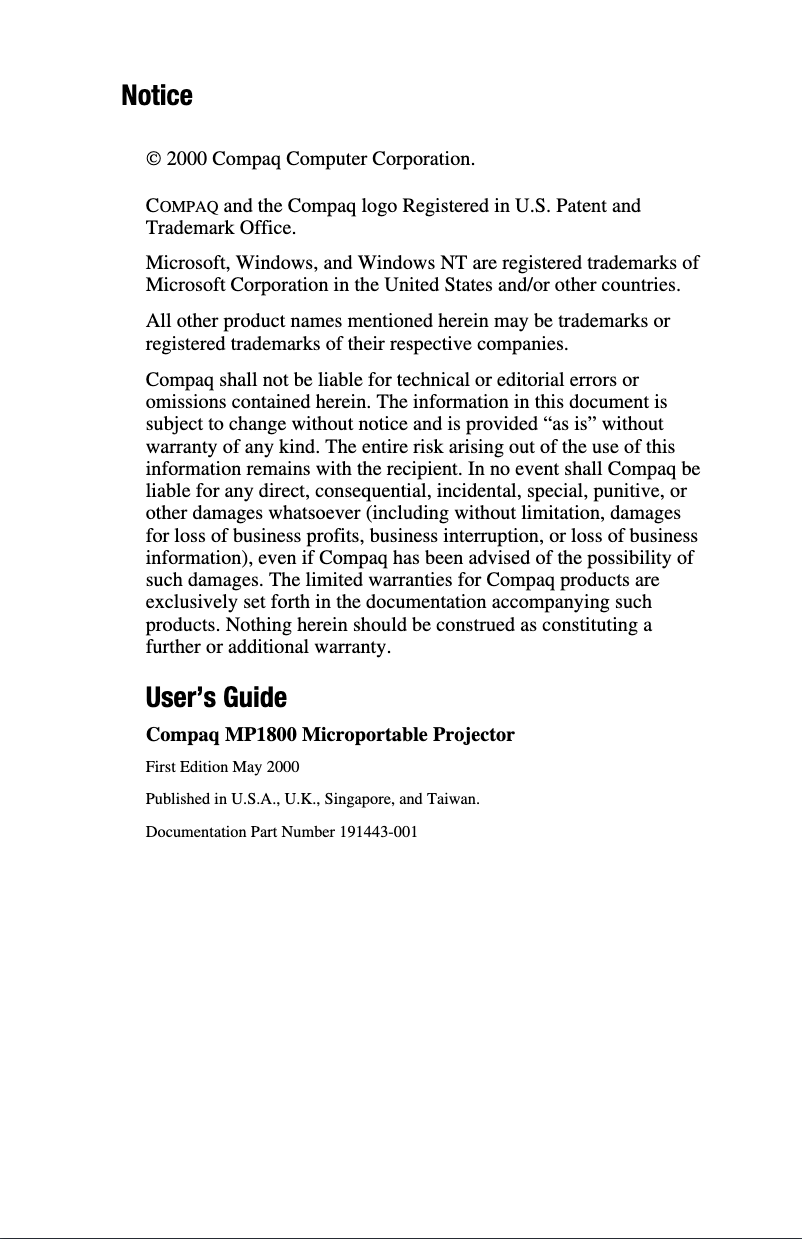 Page 1 de la notice Manuel utilisateur Compaq MP1800