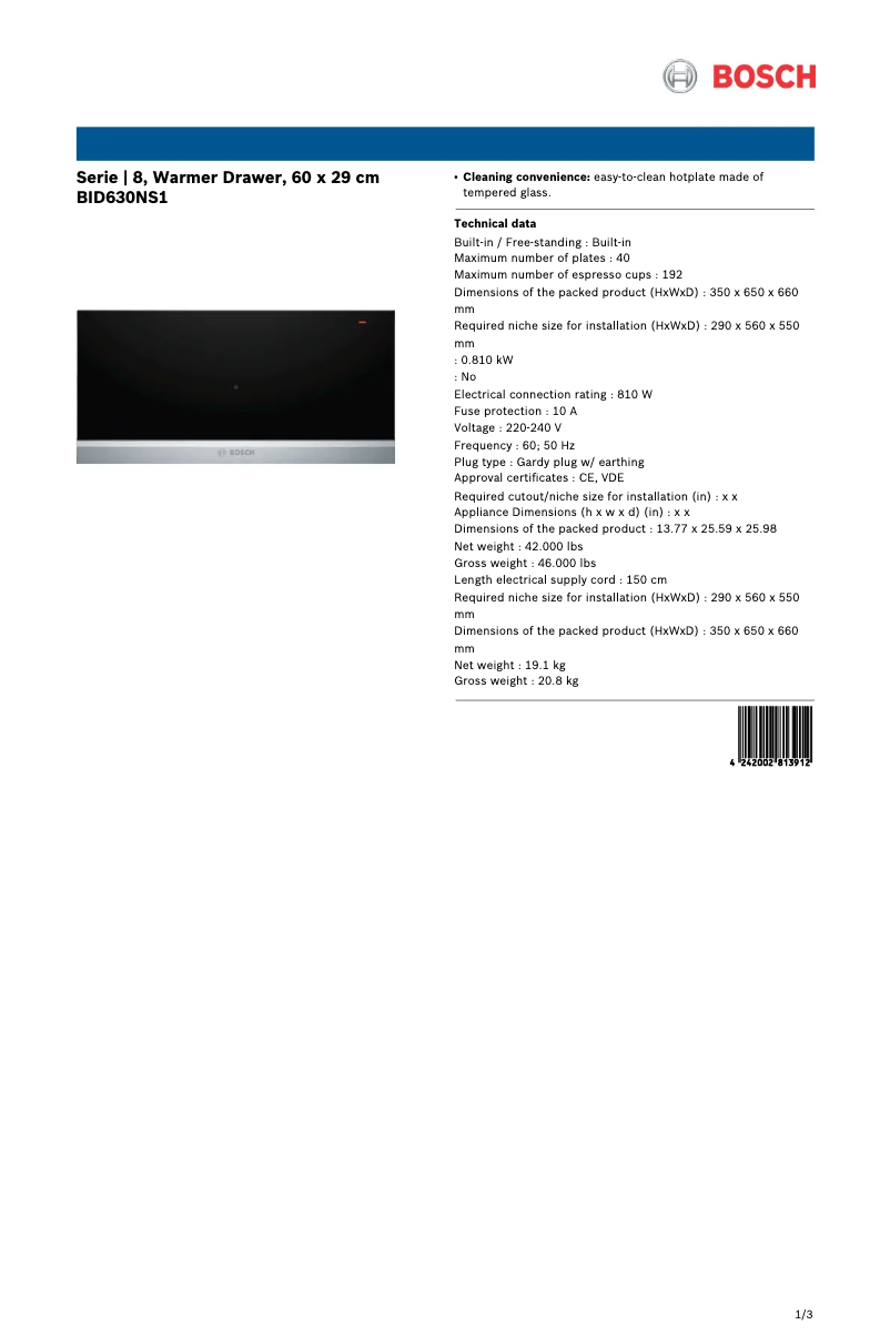 Page n°1 - Fiche technique Bosch BID630NS1