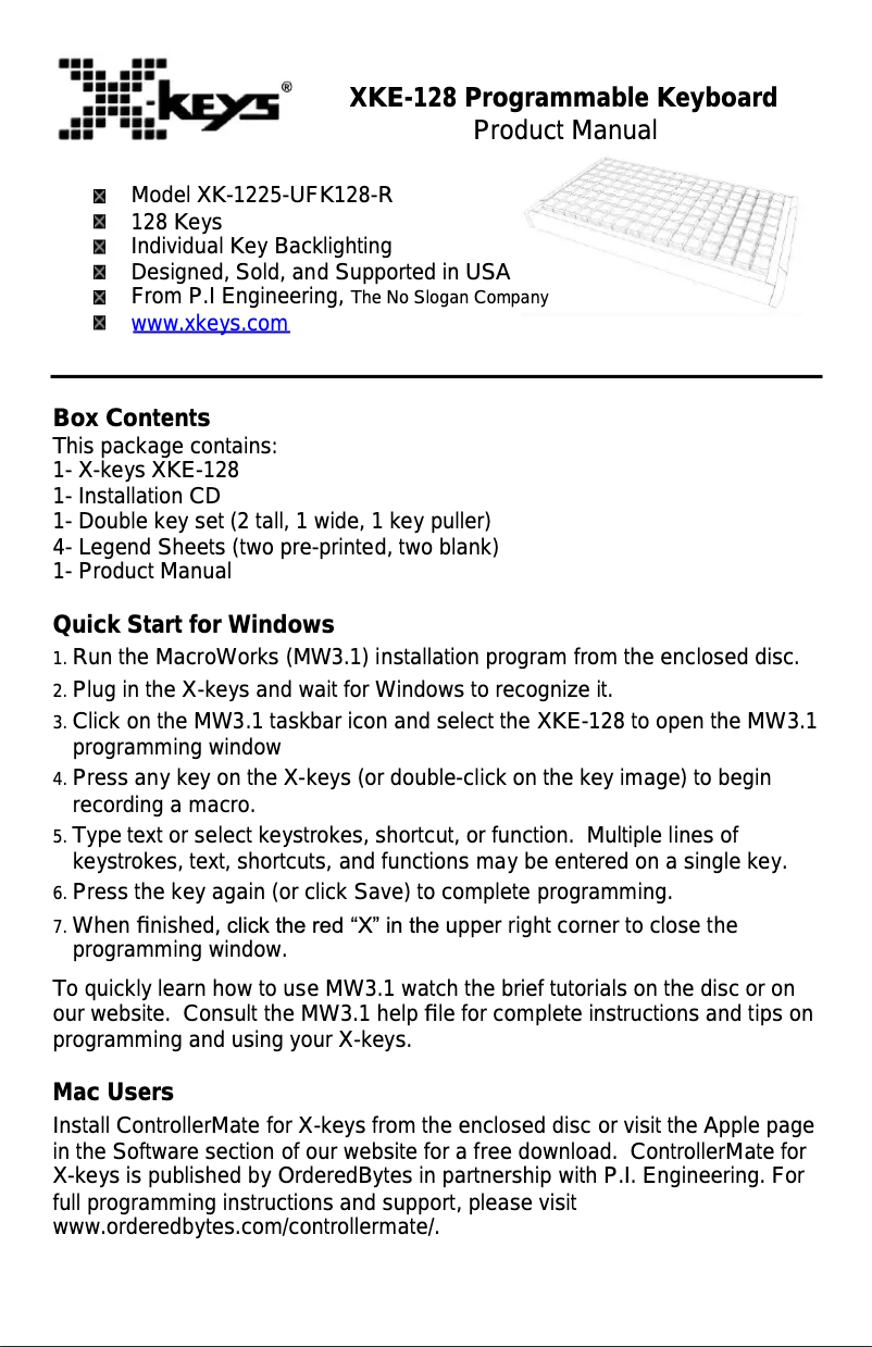 Page 1 de la notice Manuel utilisateur X-keys XK-128