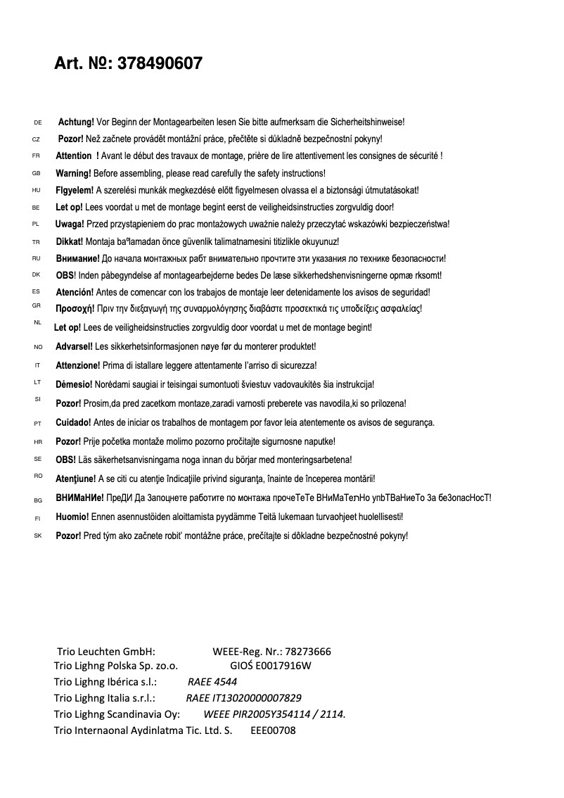 Page 1 de la notice Manuel utilisateur Trio Lighting Columbus 378490607