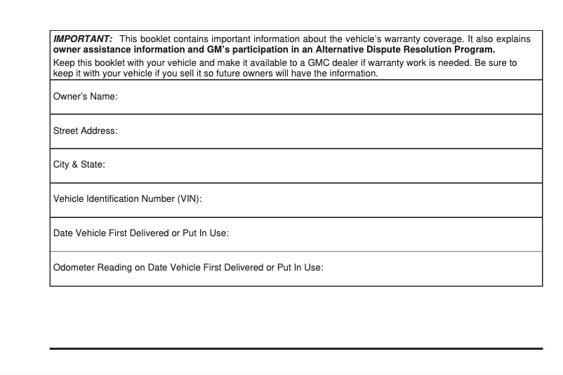 Page 1 de la notice Informations de garantie GMC Yukon (2009)