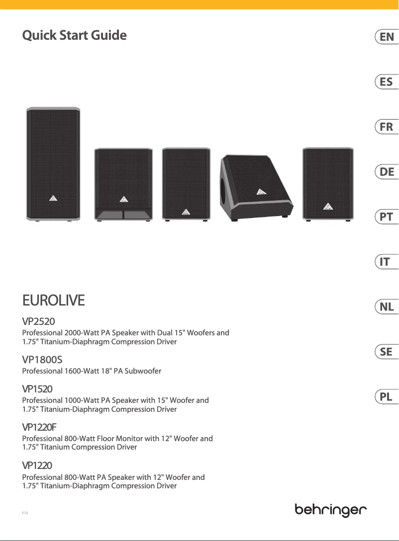 Page 1 de la notice Guide de démarrage rapide Behringer Eurolive VP1800S