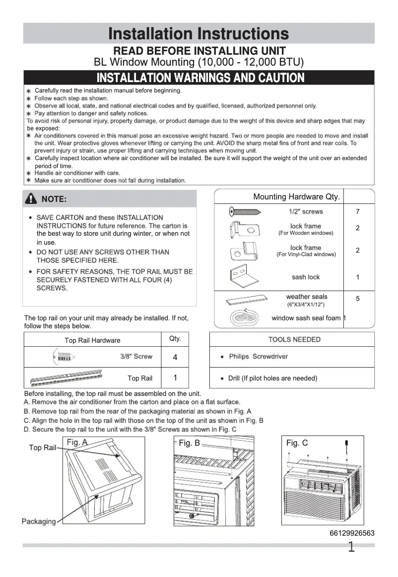 Page 1 de la notice Guide d'installation Frigidaire FFRA1011U1
