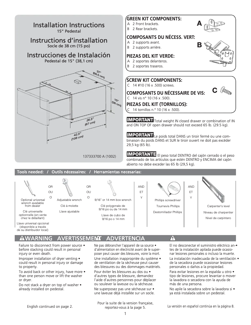 Page 1 de la notice Guide d'installation Frigidaire CFPWD15T