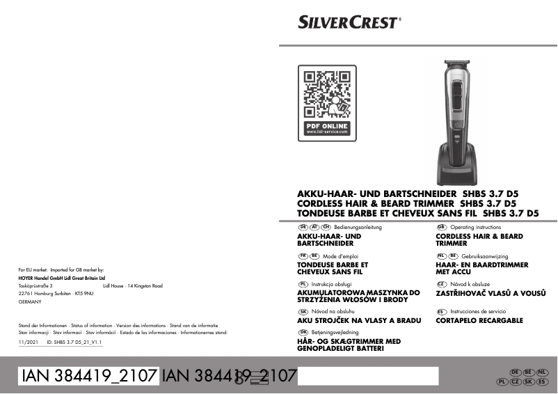 Page 1 de la notice Manuel utilisateur SilverCrest SHBS 3.7 D5