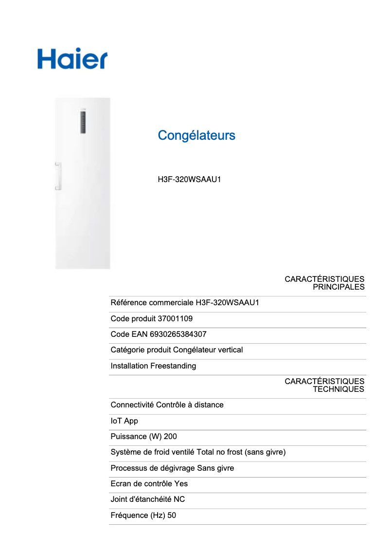 Page n°1 - Fiche technique Haier H3F-320WSAAU1