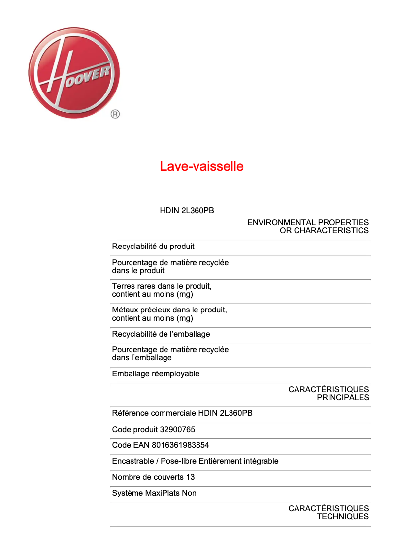 Page n°1 - Fiche technique Hoover HDIN 2L360PB-80