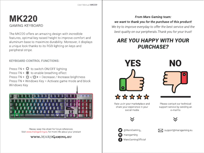 Page 1 de la notice Manuel utilisateur Mars Gaming MK220