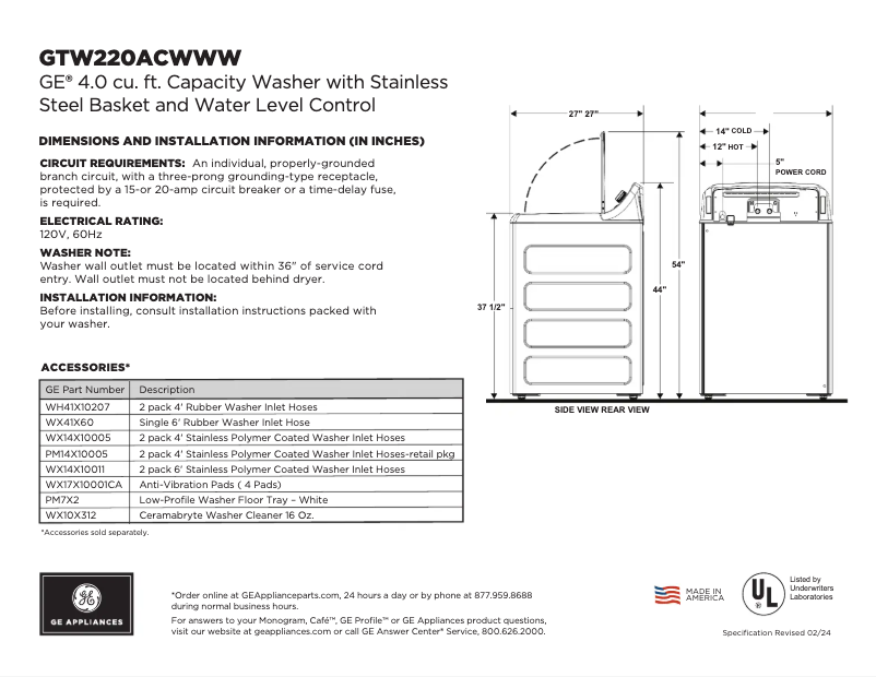Page 1 of the manual Technical Sheet GE GTW220ACWWW