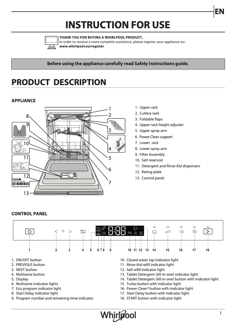 Page 1 de la notice Manuel utilisateur Whirlpool WIS 9040 PEL