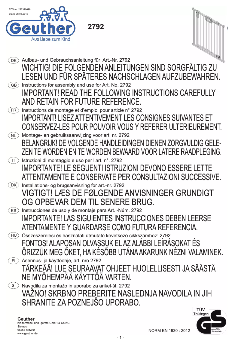 Page n°1 - Manuel utilisateur Geuther Easylock Wood 2792