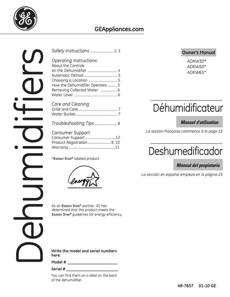 First page image of the manual for ADKW65LN