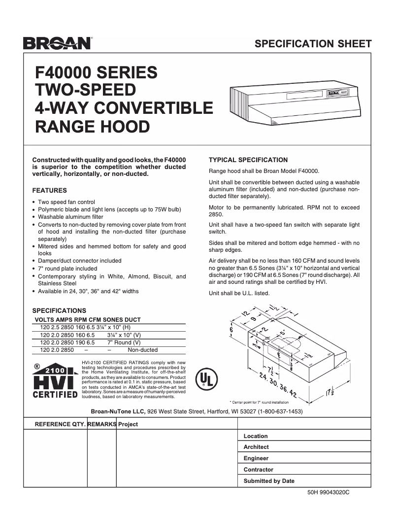 Page 1 de la notice Fiche technique Broan F403023