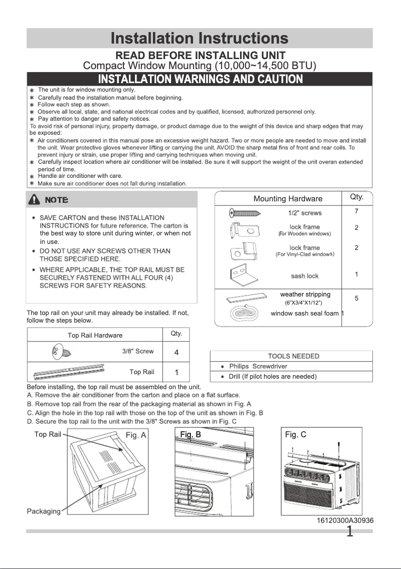 Page n°1 - Guide d'installation Frigidaire FHWW104TE1