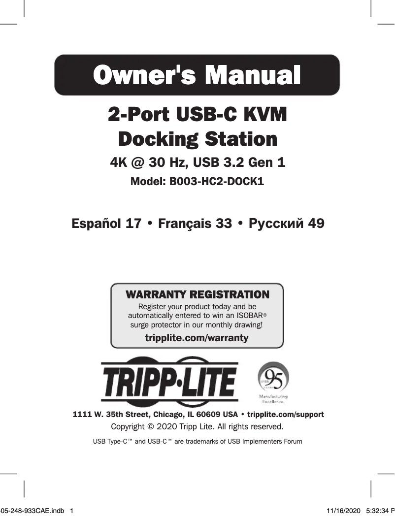 Page n°1 - Manuel utilisateur Tripp Lite B003-HC2-DOCK1