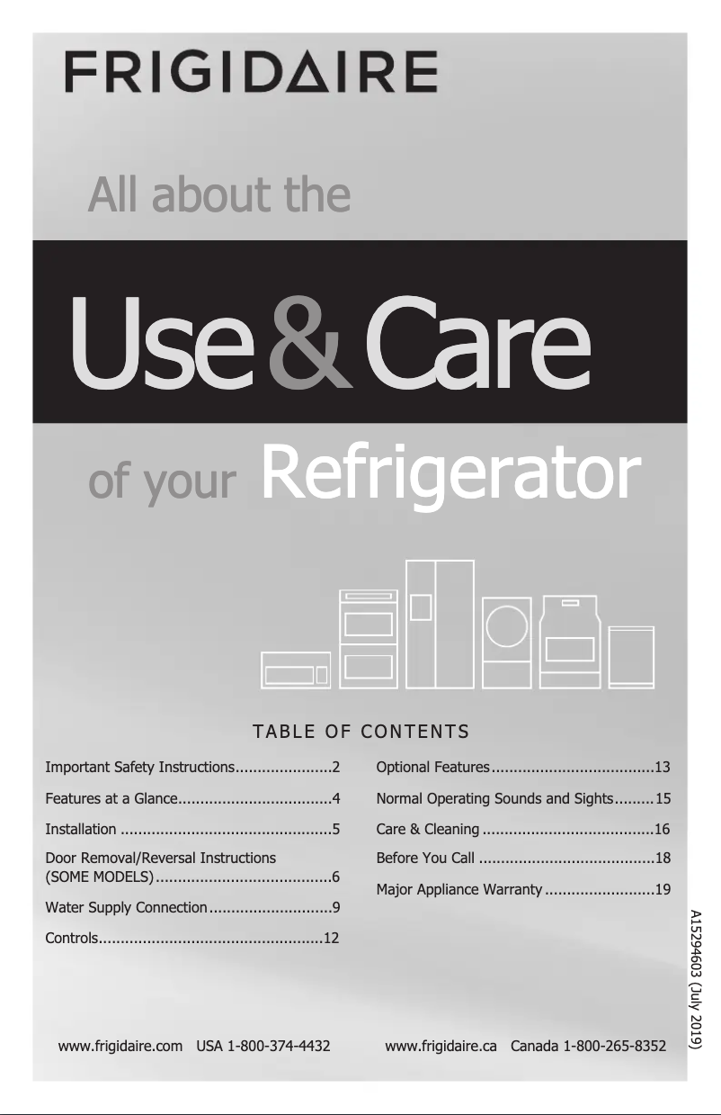 Page n°1 - Manuel d'utilisation et d'entretien Frigidaire FFHT1425VB