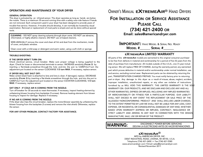 Página 1 del manual Manual de usuario American Dryer ExtremeAir EXT7-M