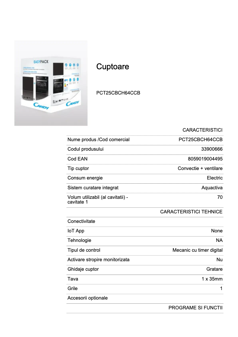 Page 1 de la notice Fiche technique Candy PCT25CBCH64CCB