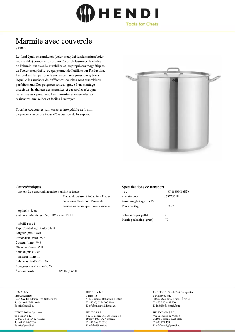 Page n°1 - Fiche technique Hendi 833025