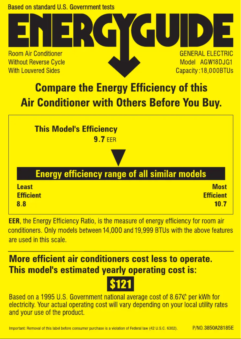 Page 1 de la notice Label énergétique GE AGW18DJ