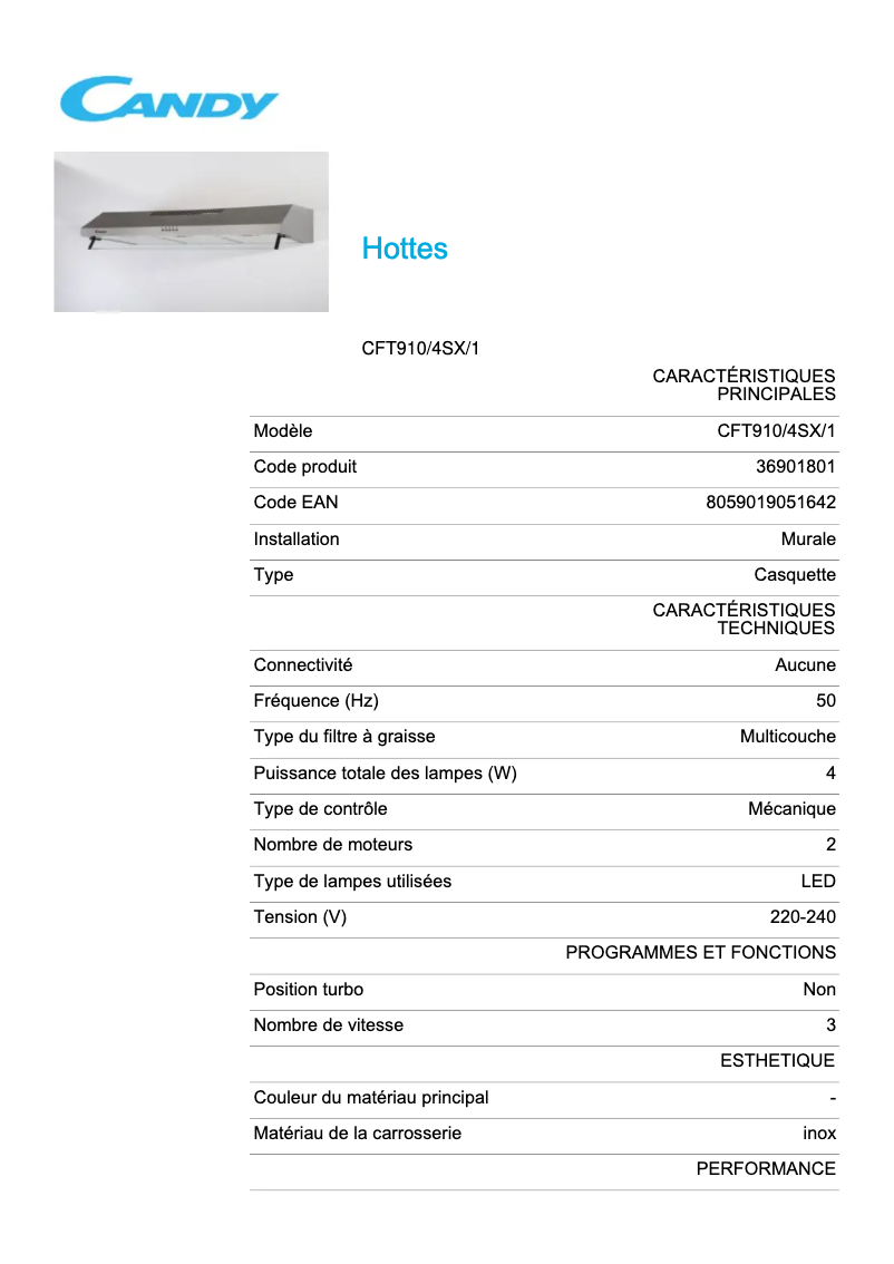 Page 1 de la notice Fiche technique Candy CFT910/4SX/1