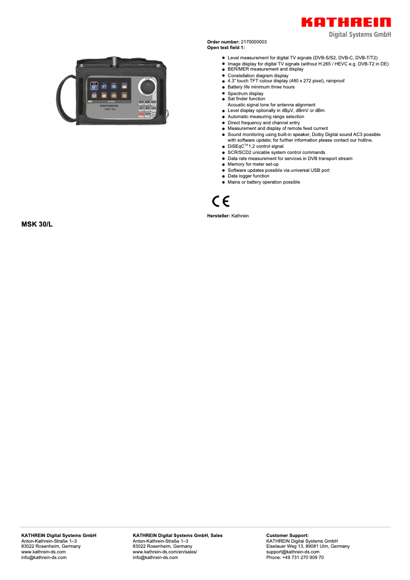Page 1 de la notice Fiche technique Kathrein MSK 30/L