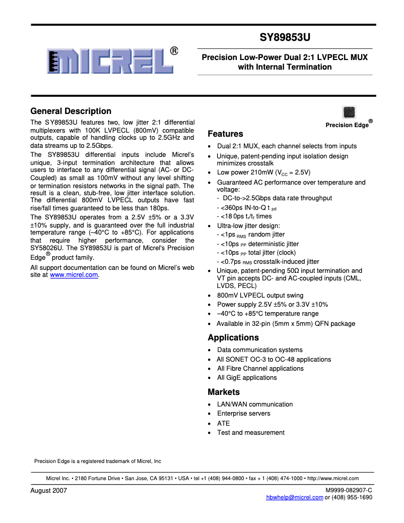 Page 1 de la notice Manuel utilisateur Microchip SY89853U