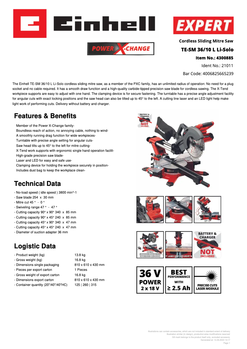 Page n°1 - Fiche technique Einhell TE-SM 36/10 L Li