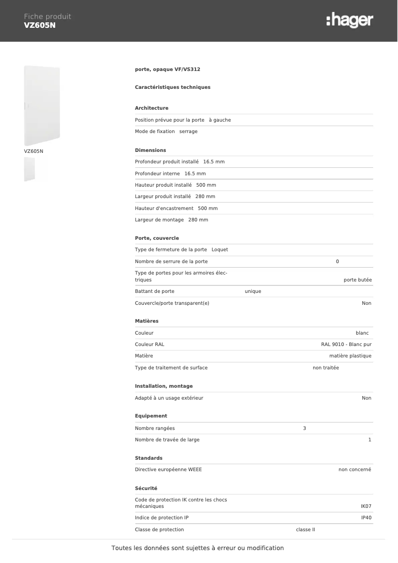 Page 1 de la notice Fiche technique Hager VZ605N