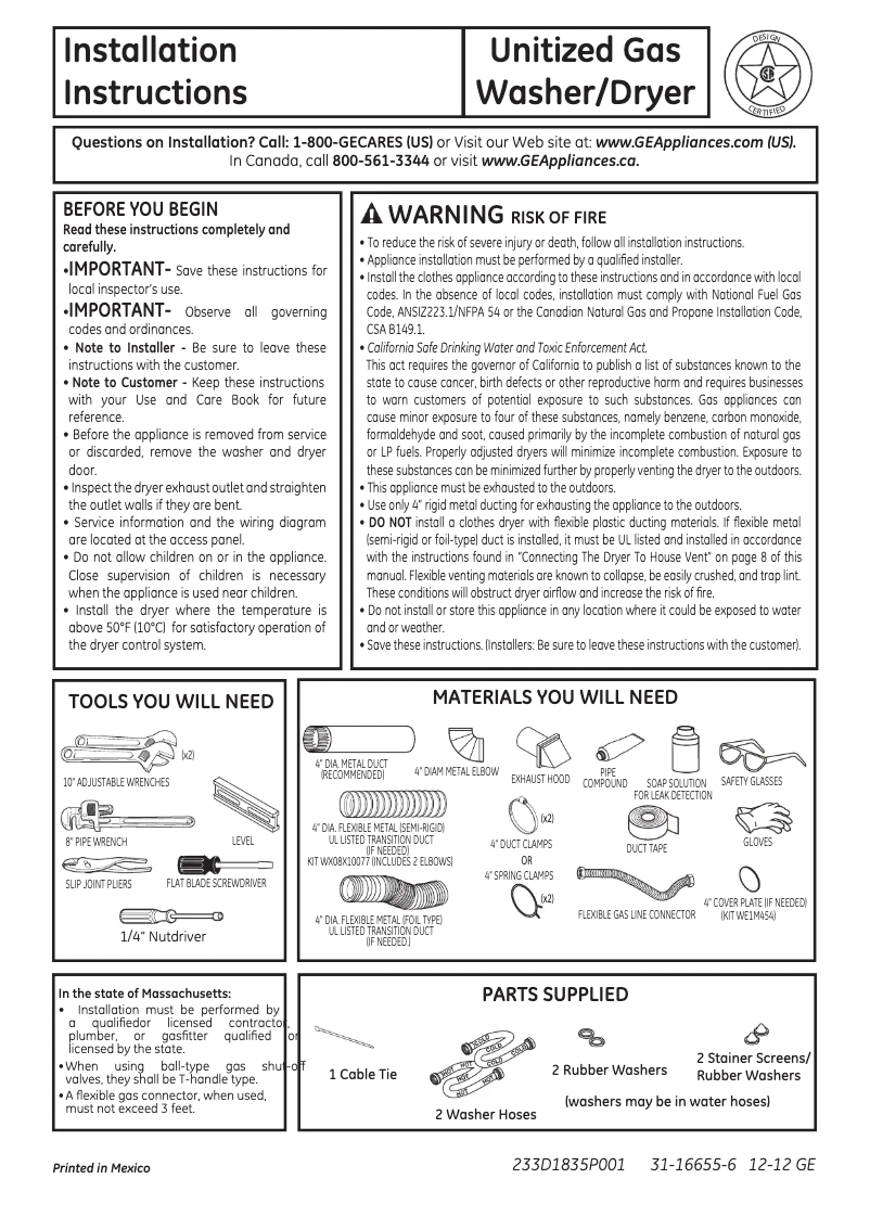 Page 1 of the manual Installation Guide GE Unitized Spacemaker GTUN275GMWW
