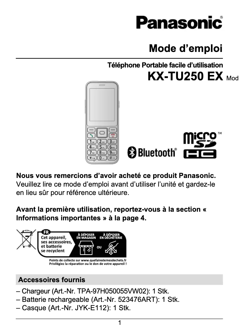 Page 1 de la notice Manuel utilisateur Panasonic KX-TU250 EX