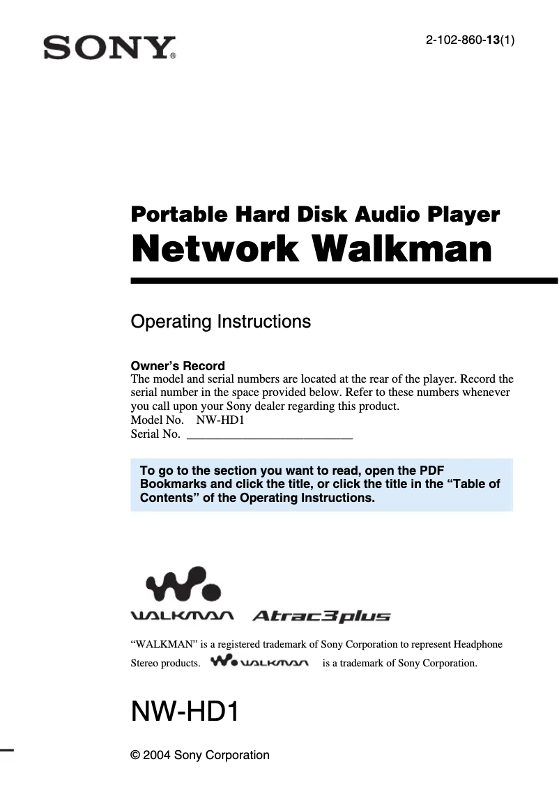Page 1 de la notice Manuel utilisateur Sony Walkman NW-HD1