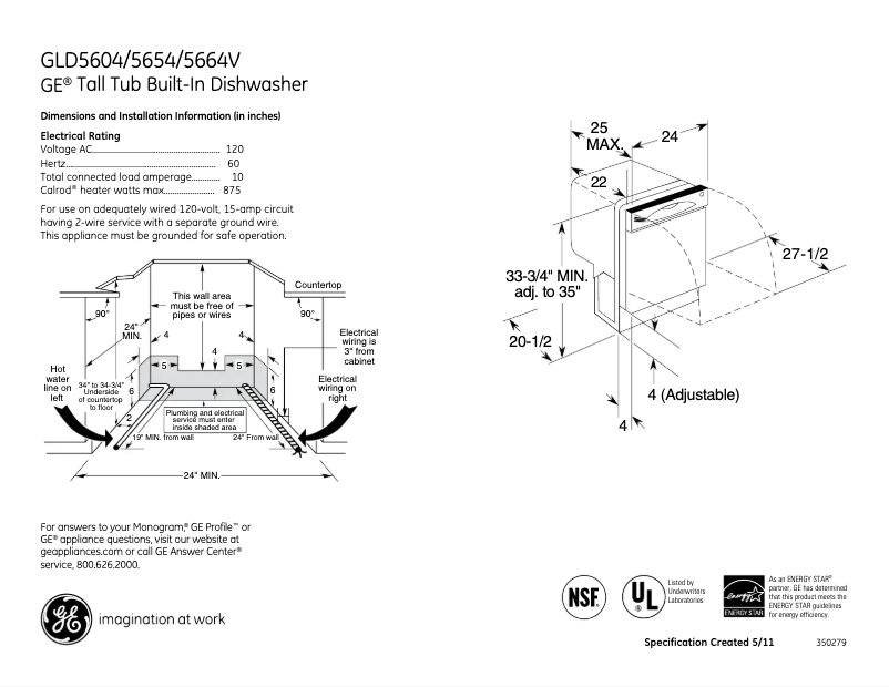 Page 1 de la notice Fiche technique GE GLD5604VBB