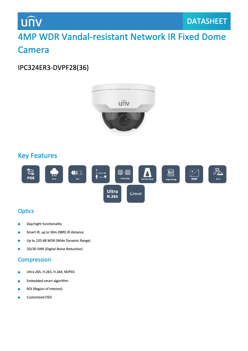 Page 1 de la notice Fiche technique UniView IPC324ER3-DVPF28(36)