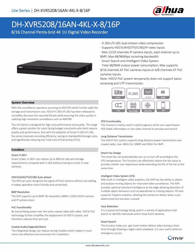 Page 1 de la notice Fiche technique Dahua Technology XVR5208/16AN-4KL-X-8/16P