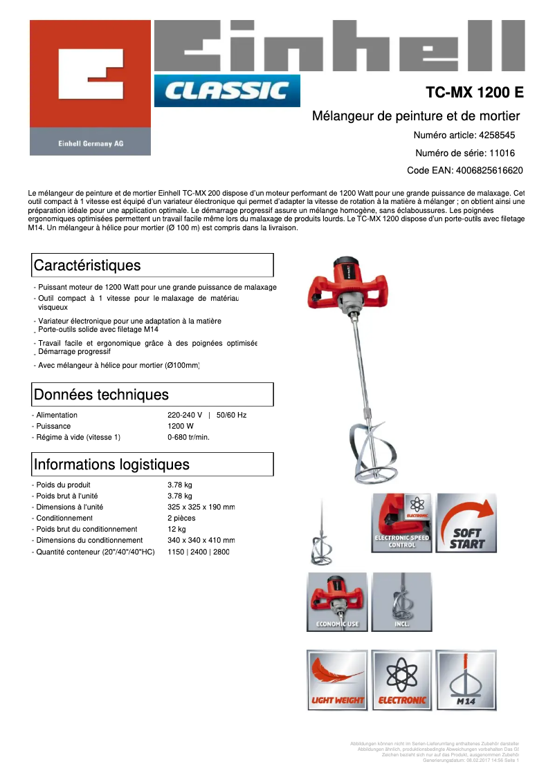 Page 1 de la notice Fiche technique Einhell TC-MX 1200 E
