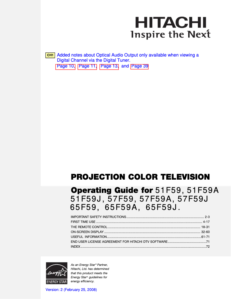 Page 1 de la notice Manuel utilisateur Hitachi 51F59A