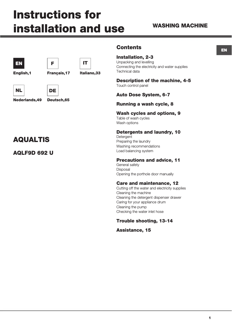 Imagen de la primera página del manual del dispositivo Aqualtis AQLF9D 692 U